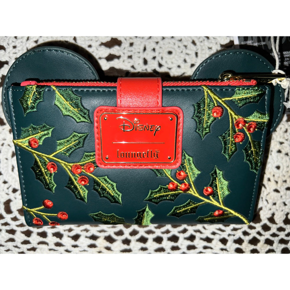 Loungefly Disney Minnie Mouse Holiday Holly Ears Mini Backpack Wallet Set - Picture 9 of 10